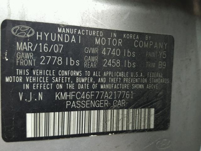 KMHFC46F77A217761 - 2007 HYUNDAI AZERA SE SILVER photo 10