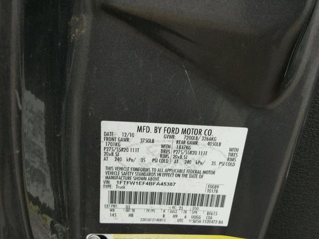 1FTFW1EF4BFA45387 - 2011 FORD F150 SUPER GRAY photo 10