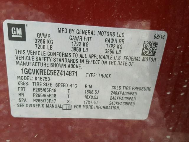 1GCVKREC5EZ414871 - 2014 CHEVROLET SILVERADO RED photo 10