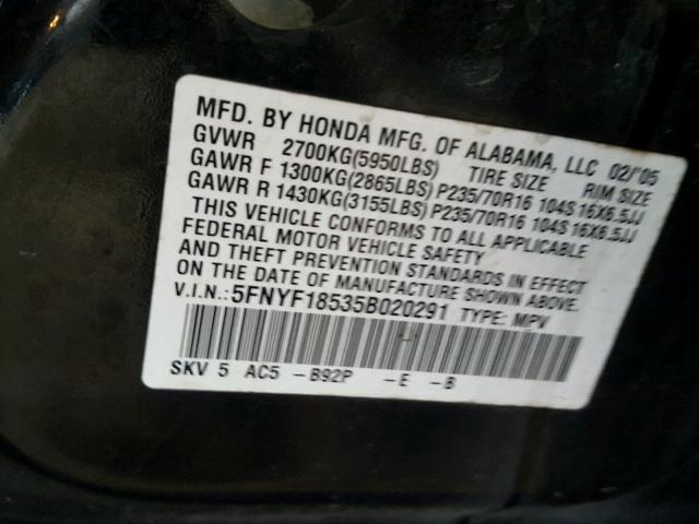 5FNYF18535B020291 - 2005 HONDA PILOT EXL BLACK photo 10