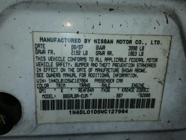 1N4DL01D5WC127964 - 1998 NISSAN ALTIMA XE WHITE photo 10