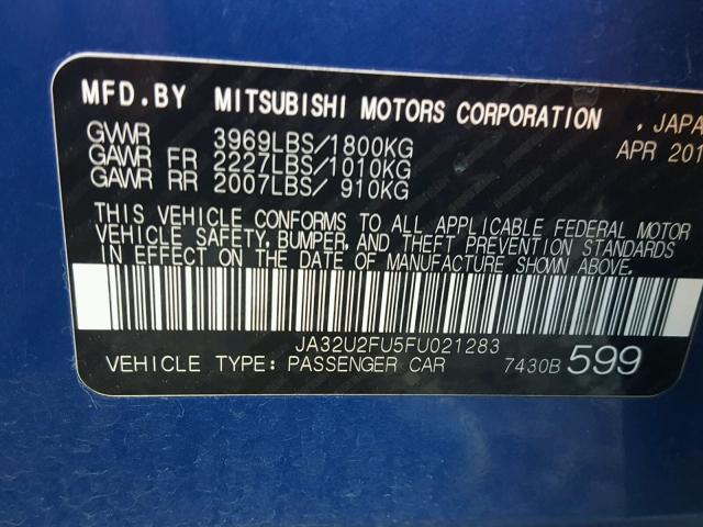 JA32U2FU5FU021283 - 2015 MITSUBISHI LANCER ES BLUE photo 10