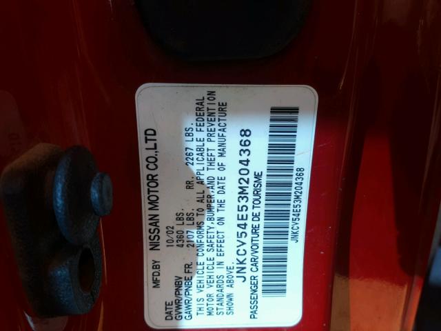 JNKCV54E53M204368 - 2003 INFINITI G35 RED photo 10