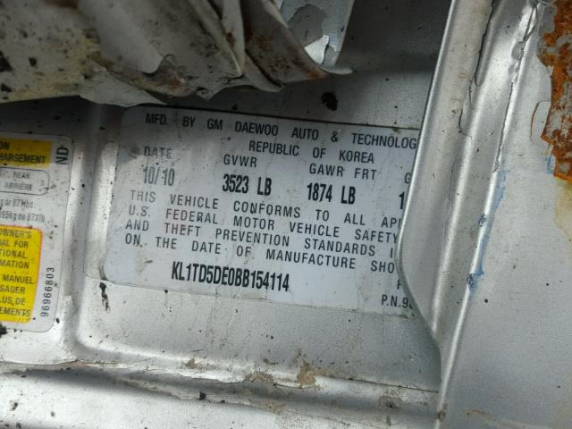 KL1TD5DE0BB154114 - 2011 CHEVROLET AVEO LS 银色 照片 10