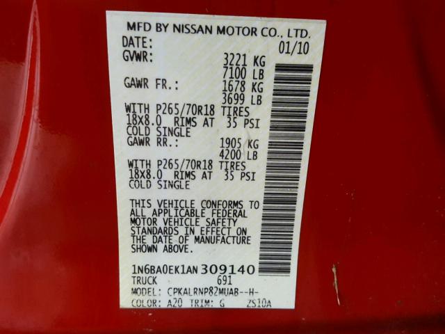 1N6BA0EK1AN309140 - 2010 NISSAN TITAN XE RED photo 10