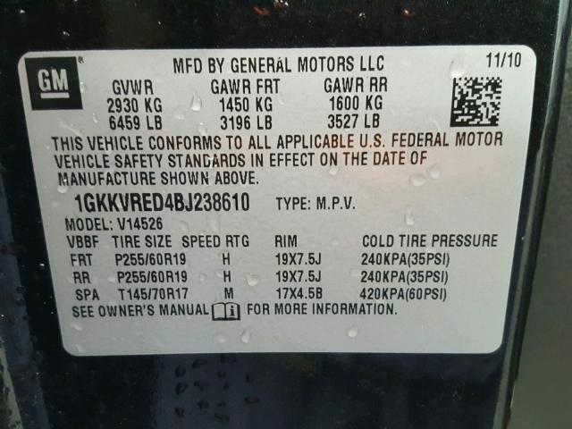 1GKKVRED4BJ238610 - 2011 GMC ACADIA SLT BLACK photo 10