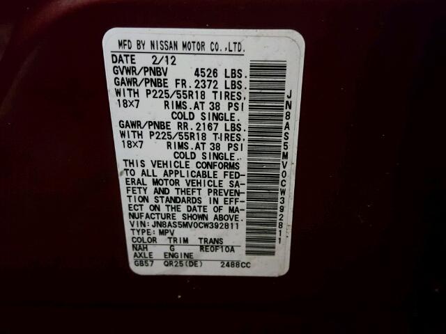 JN8AS5MV0CW392811 - 2012 NISSAN ROGUE S MAROON photo 10