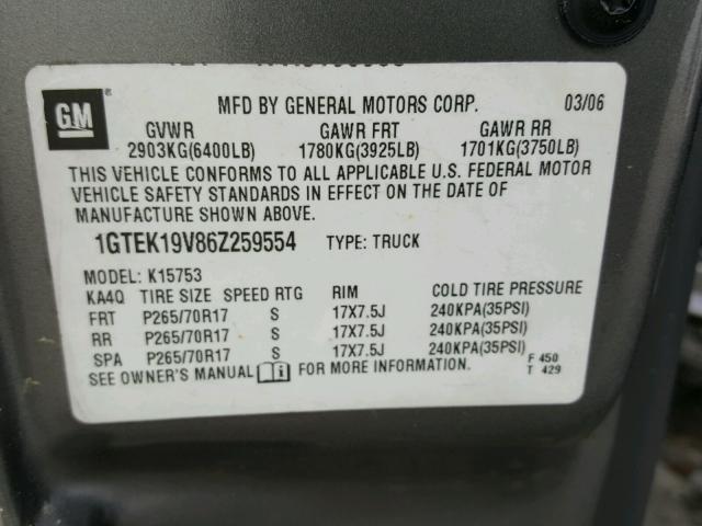 1GTEK19V86Z259554 - 2006 GMC NEW SIERRA GRAY photo 10