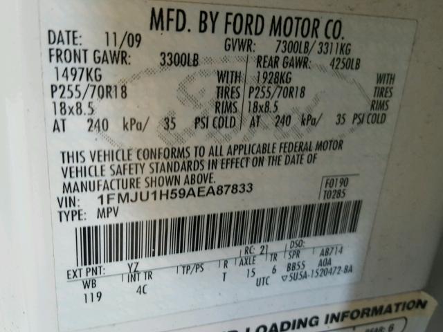 1FMJU1H59AEA87833 - 2010 FORD EXPEDITION WHITE photo 10