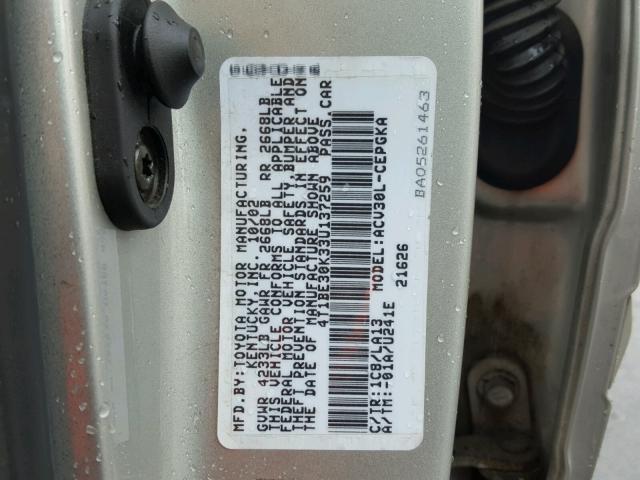 4T1BE30K33U137259 - 2003 TOYOTA CAMRY LE SILVER photo 10