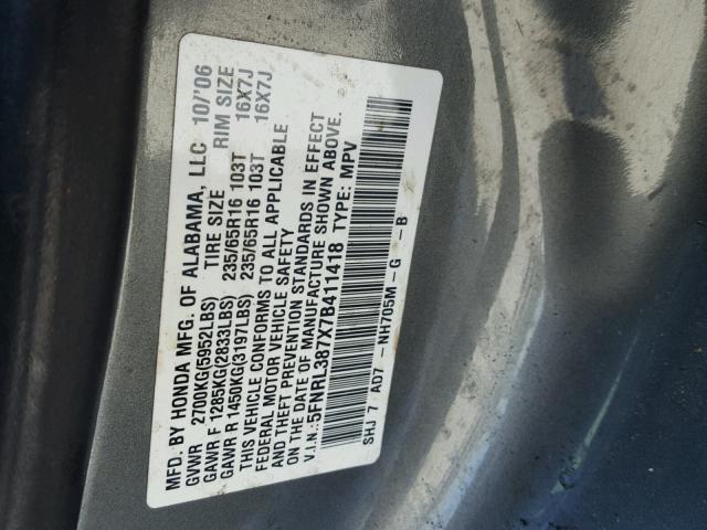 5FNRL387X7B411418 - 2007 HONDA ODYSSEY EX GRAY photo 10