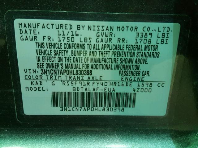 3N1CN7AP0HL830398 - 2017 NISSAN VERSA S CHARCOAL photo 10