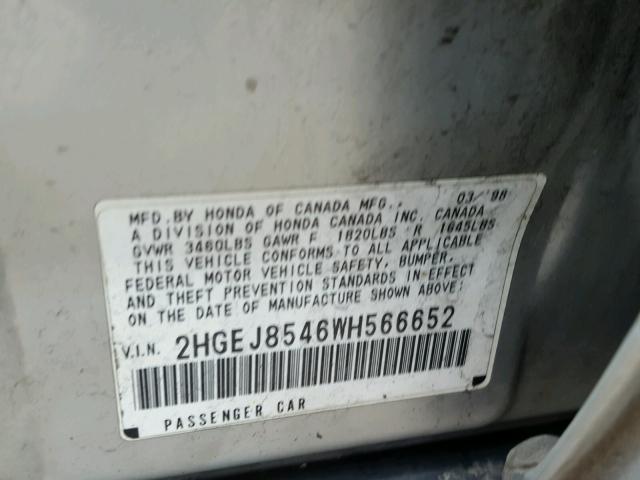 2HGEJ8546WH566652 - 1998 HONDA CIVIC EX ვერცხლისფერი ფოტო 10