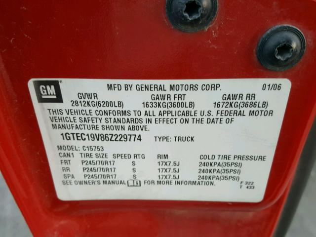 1GTEC19V86Z229774 - 2006 GMC NEW SIERRA RED photo 10