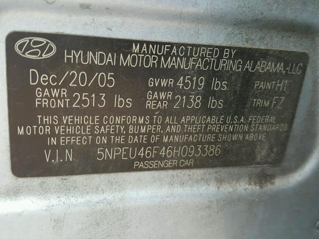 5NPEU46F46H093386 - 2006 HYUNDAI SONATA GLS BLUE photo 10