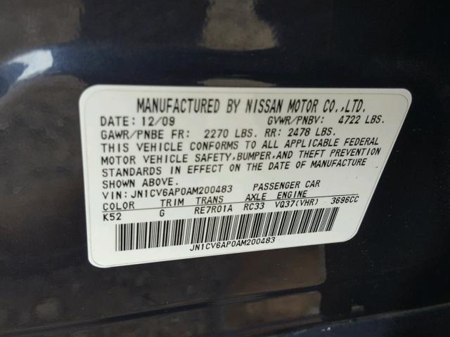 JN1CV6AP0AM200483 - 2010 INFINITI G37 BASE BLUE photo 10