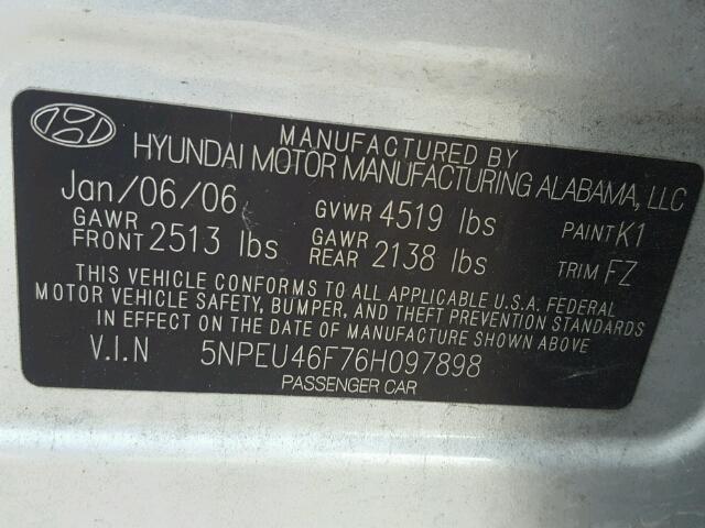 5NPEU46F76H097898 - 2006 HYUNDAI SONATA GLS SILVER photo 10