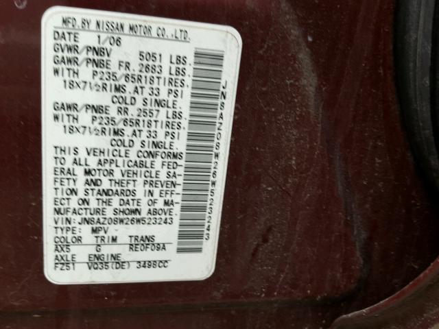 JN8AZ08W26W523243 - 2006 NISSAN MURANO SL BURGUNDY photo 10