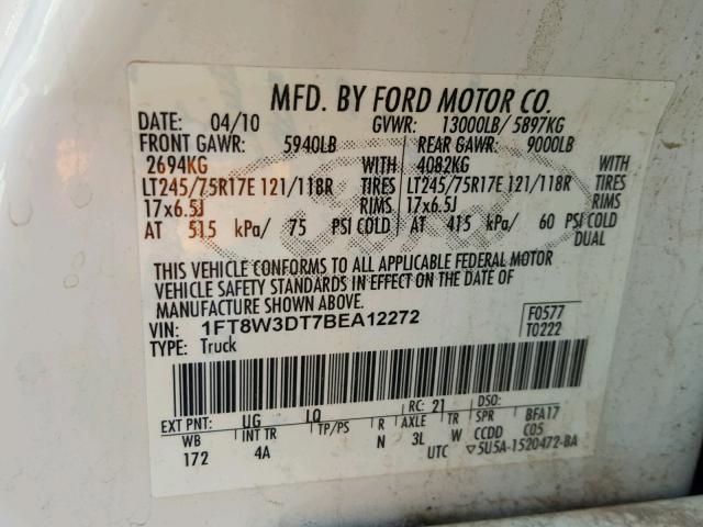 1FT8W3DT7BEA12272 - 2011 FORD F350 SUPER WHITE photo 10