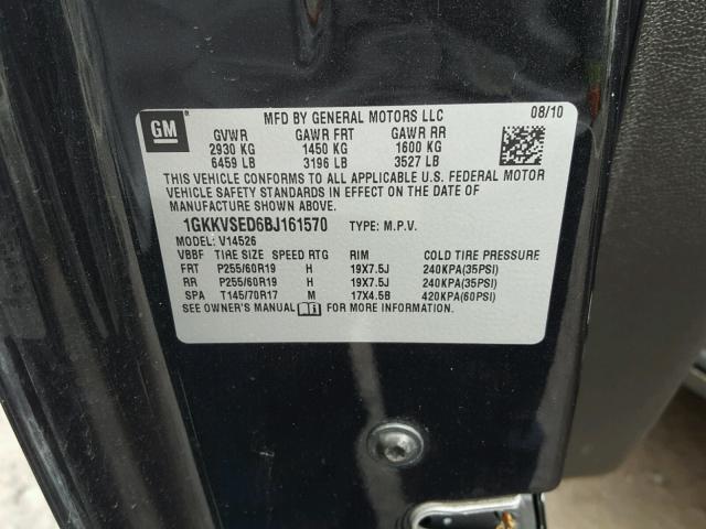 1GKKVSED6BJ161570 - 2011 GMC ACADIA SLT შავი ფოტო 10