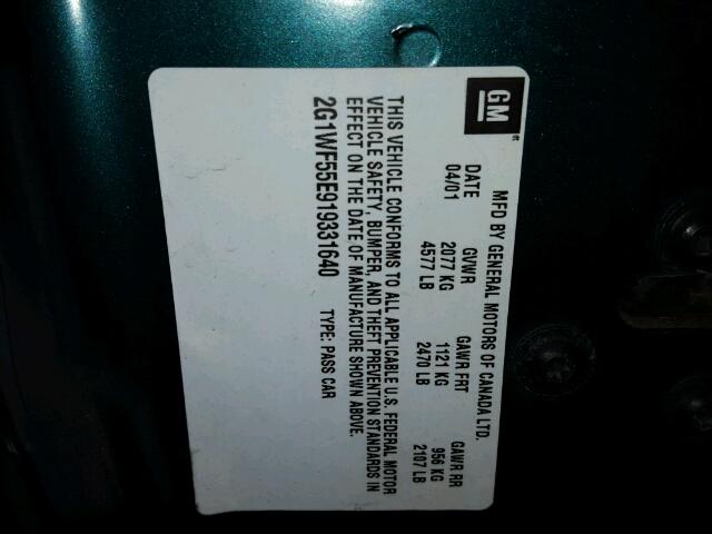 2G1WF55E919331640 - 2001 CHEVROLET IMPALA 绿色 照片 10