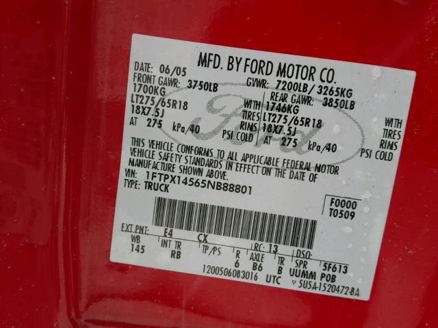 1FTPX14565NB88801 - 2005 FORD F150 RED photo 10