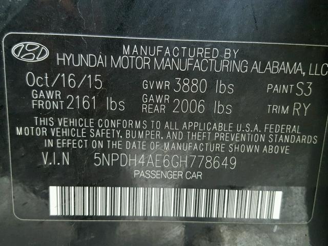 5NPDH4AE6GH778649 - 2016 HYUNDAI ELANTRA SE BLACK photo 10