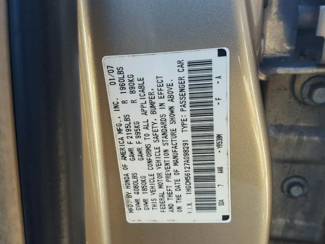 1HGCM56127A098291 - 2007 HONDA ACCORD VAL GOLD photo 10