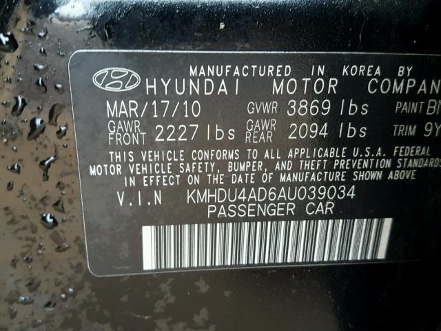 KMHDU4AD6AU039034 - 2010 HYUNDAI ELANTRA BL BLACK photo 10