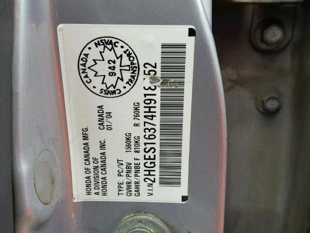 2HGES16374H918452 - 2004 HONDA CIVIC DX V SILVER photo 10