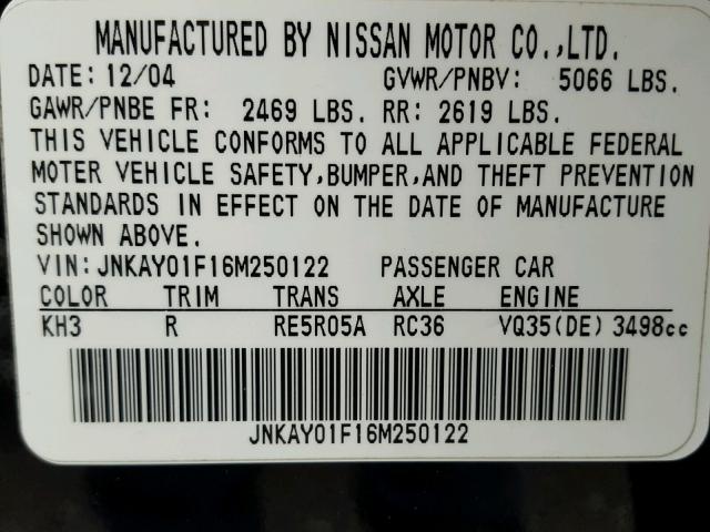 JNKAY01F16M250122 - 2006 INFINITI M35 BASE BLACK photo 10