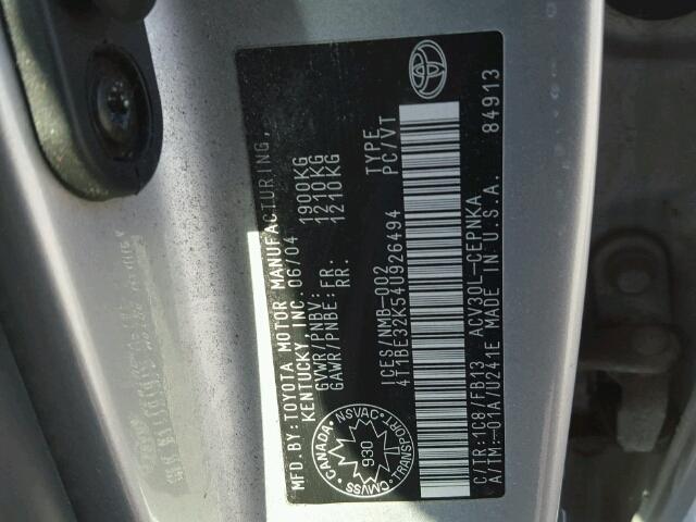 4T1BE32K54U926494 - 2004 TOYOTA CAMRY LE SILVER photo 10