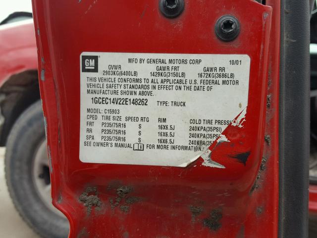 1GCEC14V22E148262 - 2002 CHEVROLET SILVERADO RED photo 10