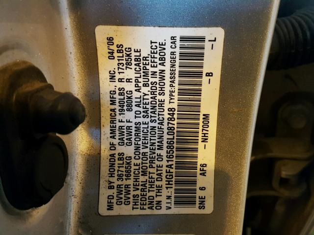 1HGFA16586L087848 - 2006 HONDA CIVIC LX SILVER photo 10