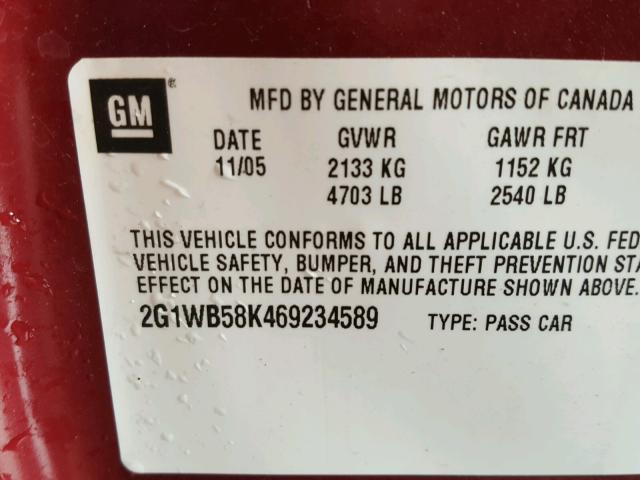 2G1WB58K469234589 - 2006 CHEVROLET IMPALA LS RED photo 10