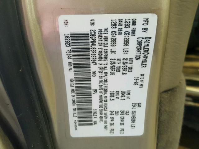 2C8GP64L03R167047 - 2003 CHRYSLER TOWN & COU GOLD photo 10