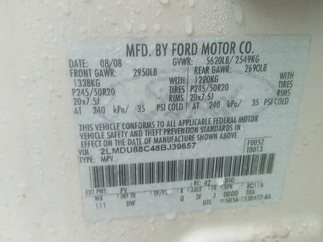 2LMDU88C48BJ39657 - 2008 LINCOLN MKX WHITE photo 10