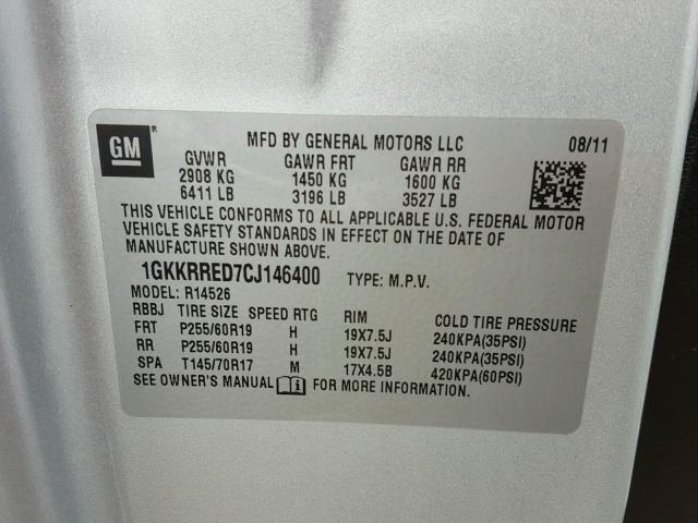 1GKKRRED7CJ146400 - 2012 GMC ACADIA SLT ვერცხლისფერი ფოტო 10