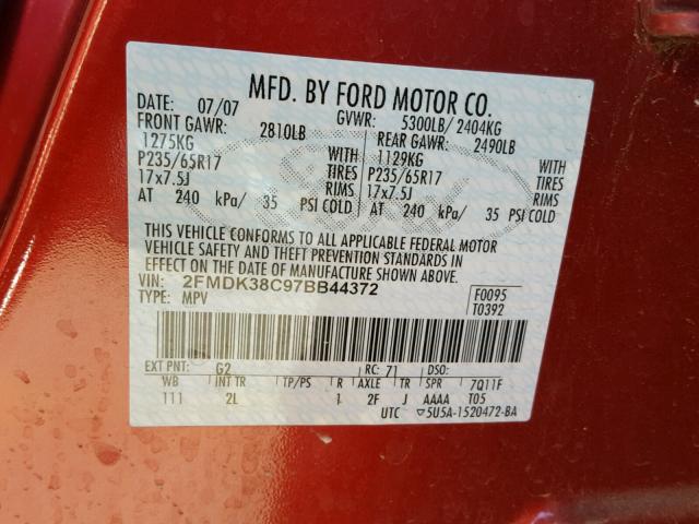 2FMDK38C97BB44372 - 2007 FORD EDGE SEL RED photo 10