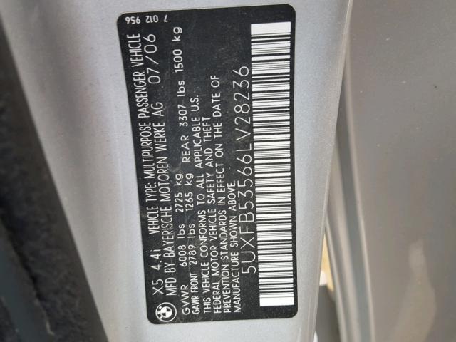 5UXFB53566LV28236 - 2006 BMW X5 4.4I SILVER photo 10