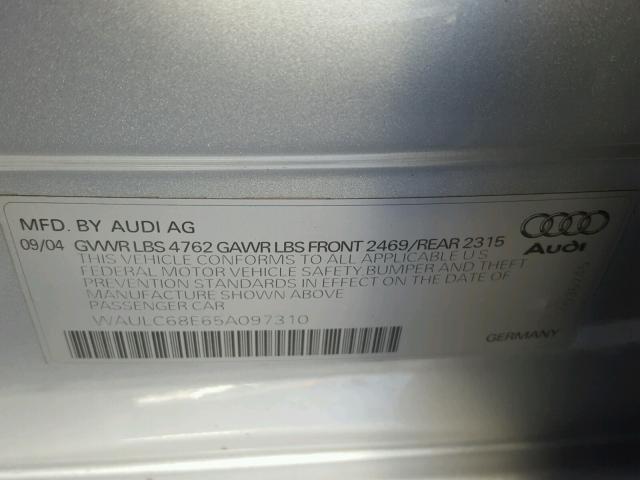 WAULC68E65A097310 - 2005 AUDI A4 1.8T QU SILVER photo 10