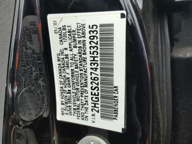 2HGES26743H532935 - 2003 HONDA CIVIC EX BLACK photo 10