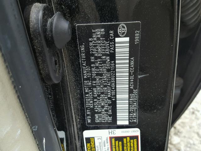 4T1BE46K68U221564 - 2008 TOYOTA CAMRY CE BLACK photo 10