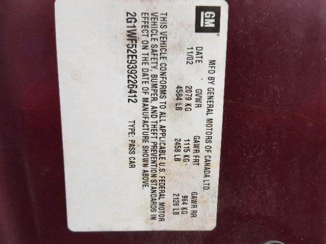 2G1WF52E939226412 - 2003 CHEVROLET IMPALA 勃艮第红 照片 10