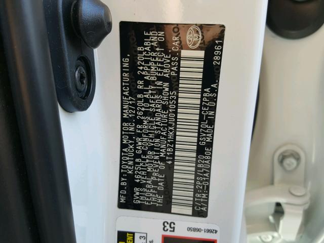 4T1BZ1HKXJU010535 - 2018 TOYOTA CAMRY XSE WHITE photo 10