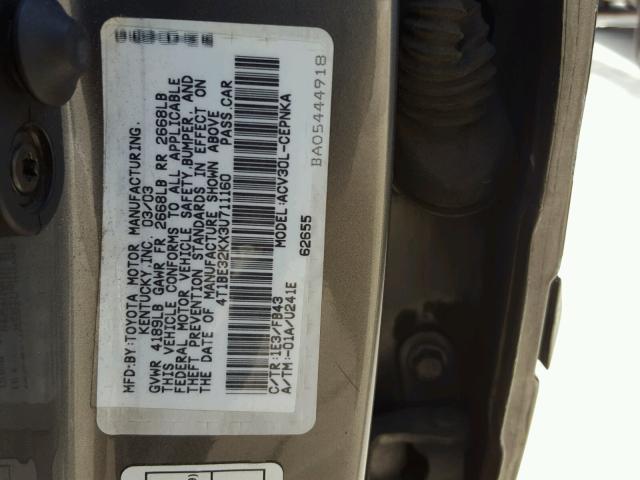 4T1BE32KX3U711160 - 2003 TOYOTA CAMRY LE GRAY photo 10