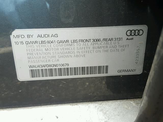 WAU43AFD8GN010679 - 2016 AUDI A8 L QUATT GRAY photo 10