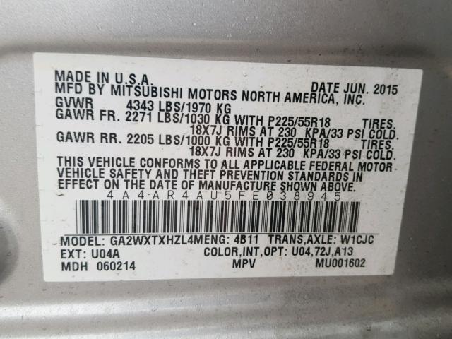 4A4AR4AU5FE038945 - 2015 MITSUBISHI OUTLANDER SILVER photo 10