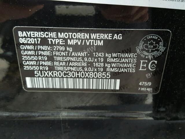 5UXKR0C30H0X80855 - 2017 BMW X5 XDRIVE3 შავი ფოტო 10