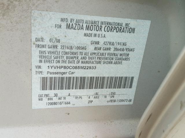 1YVHP80C085M22933 - 2008 MAZDA 6 I SILVER photo 10